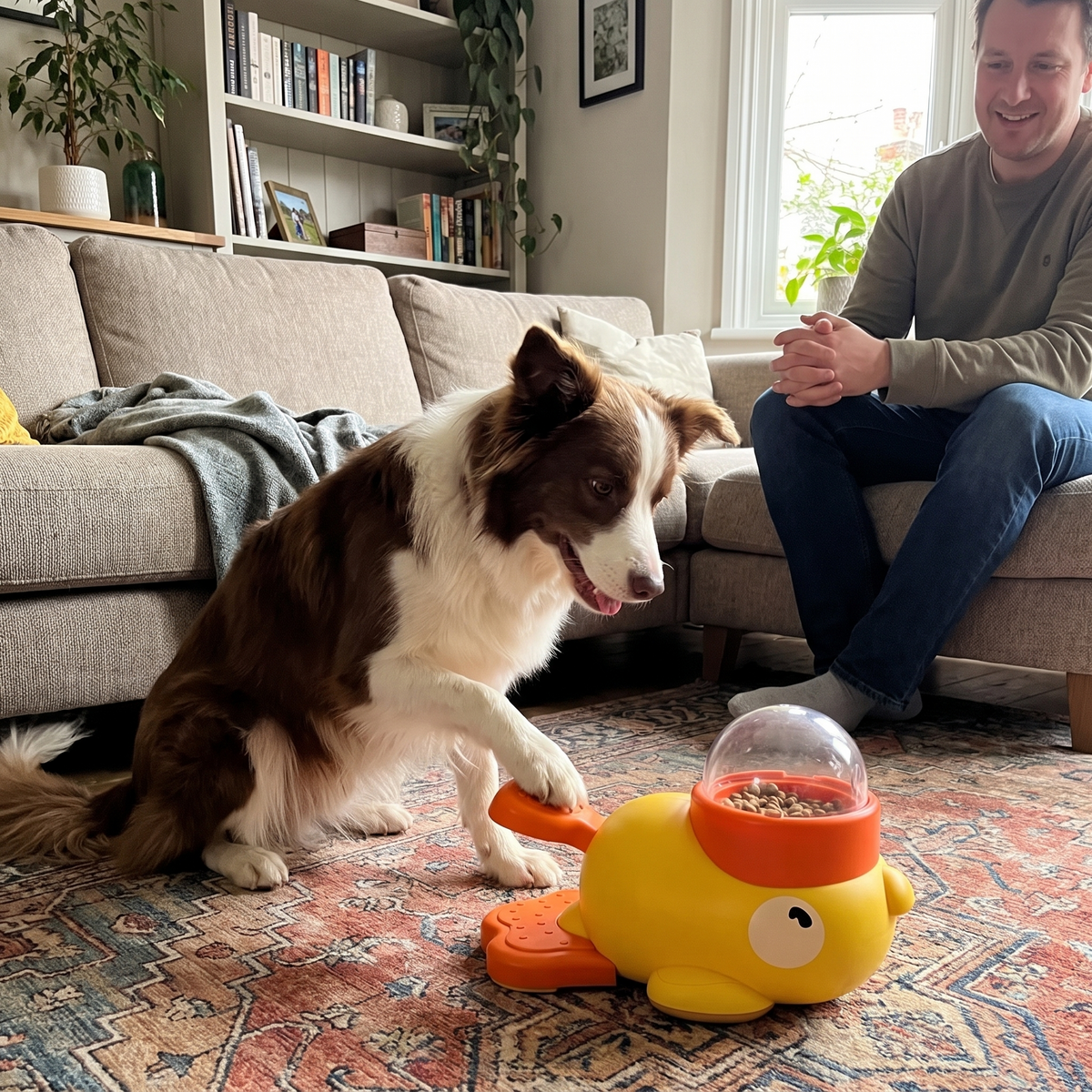Hund beschäftigt sich mit Quacki im Wohnzimmer