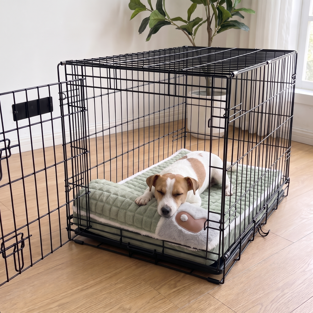 Jack Russell lying in an open dog crate on SnugPad, chin on the head pillow