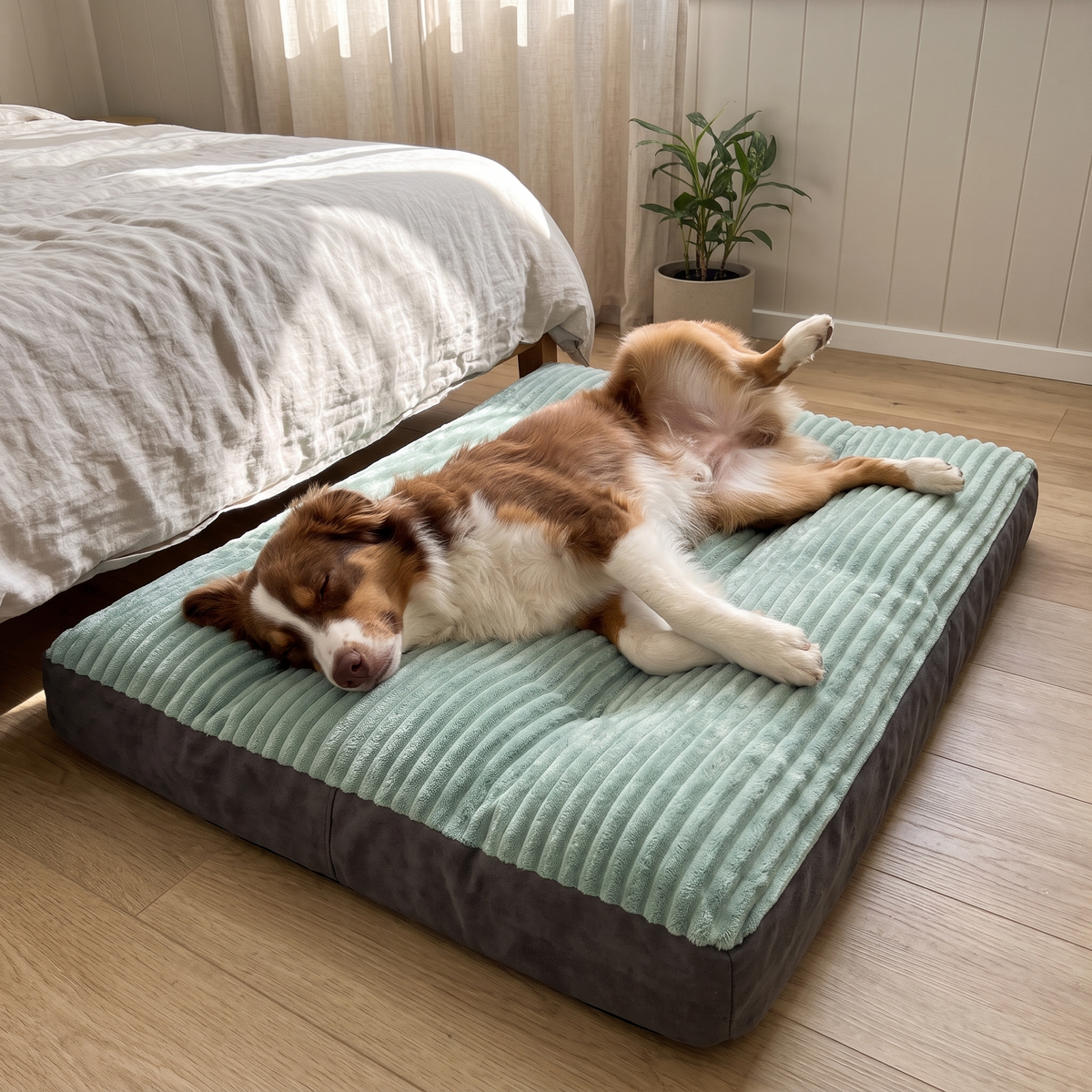 DreamPad – Australian shepherd sleeping stretched out on the corduroy dog mattress