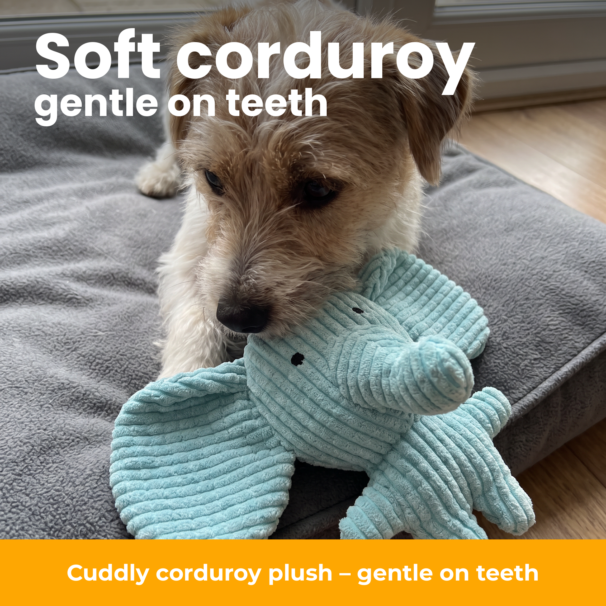 [en] Soft corduroy plush, gentle on teeth