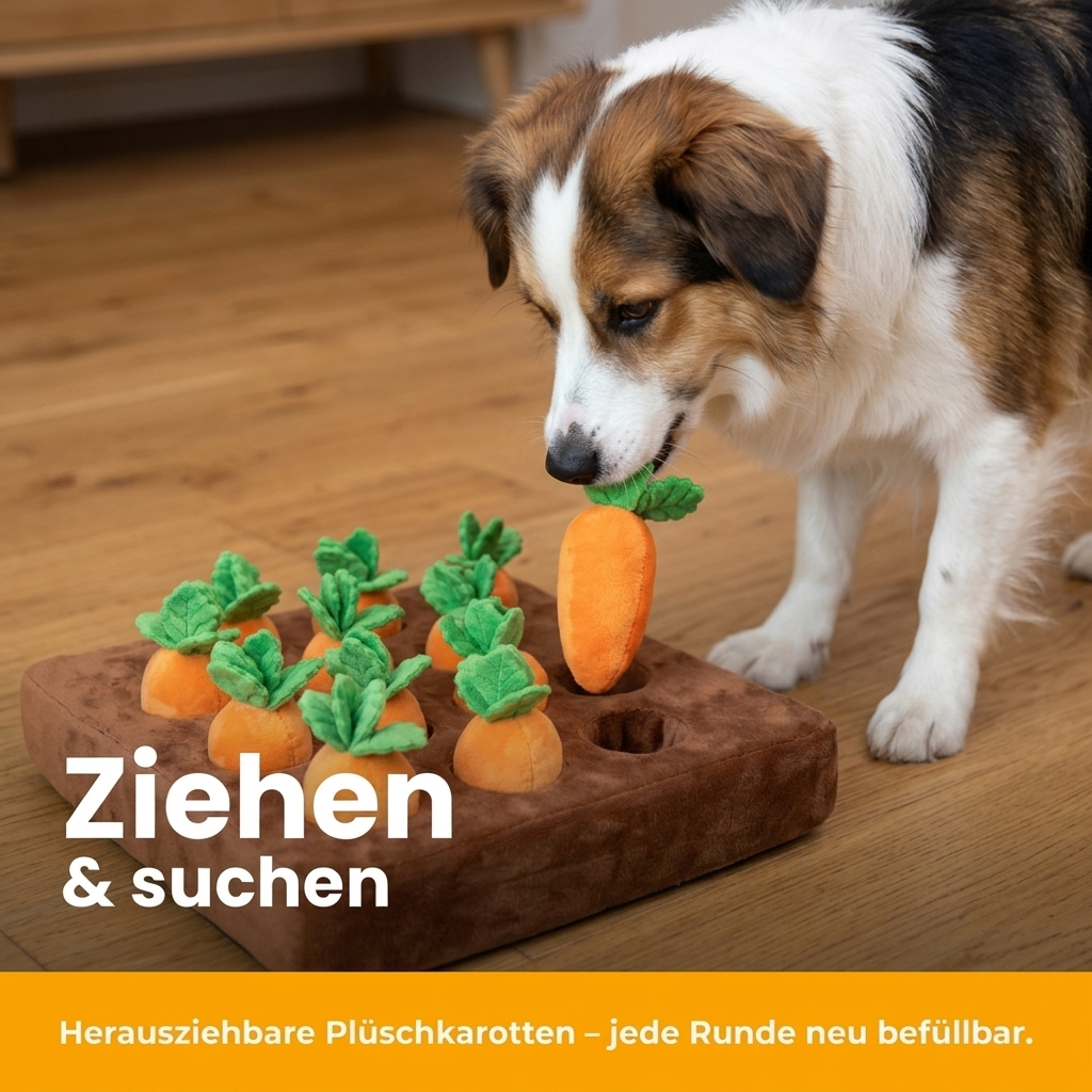 [de] Hund zieht eine Plüschkarotte mit dem Maul heraus