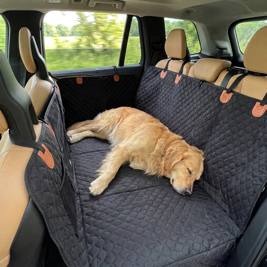 Hund schläft während der Fahrt auf dem Rücksitzschutz