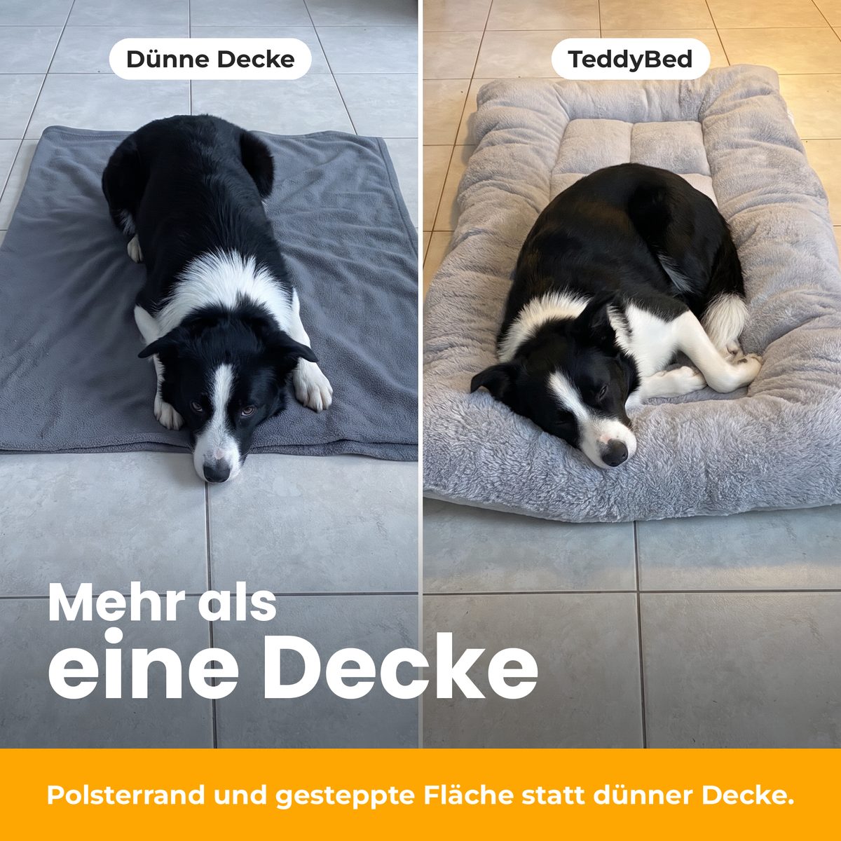 [de] TeddyBed – Vergleich: dünne Decke auf Fliesen und TeddyBed