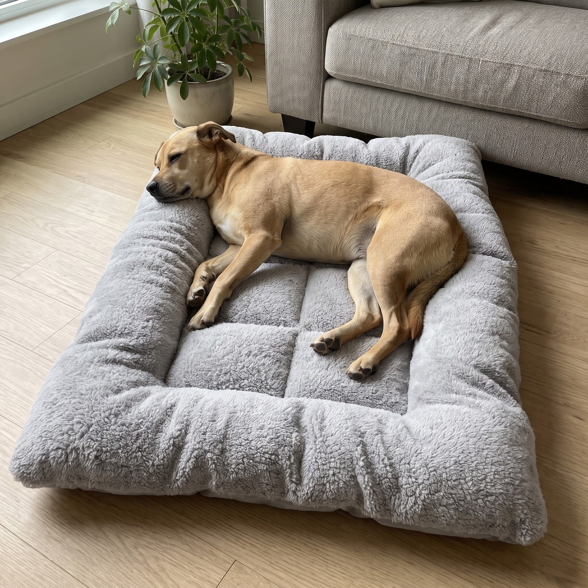 TeddyBed – Dog lying on its side, back against the soft cushion rim, head on the rim